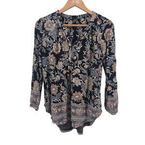 Lucky Brand Rayon Tunic Top Medium Floral Print Split Neck Bohemian Casual